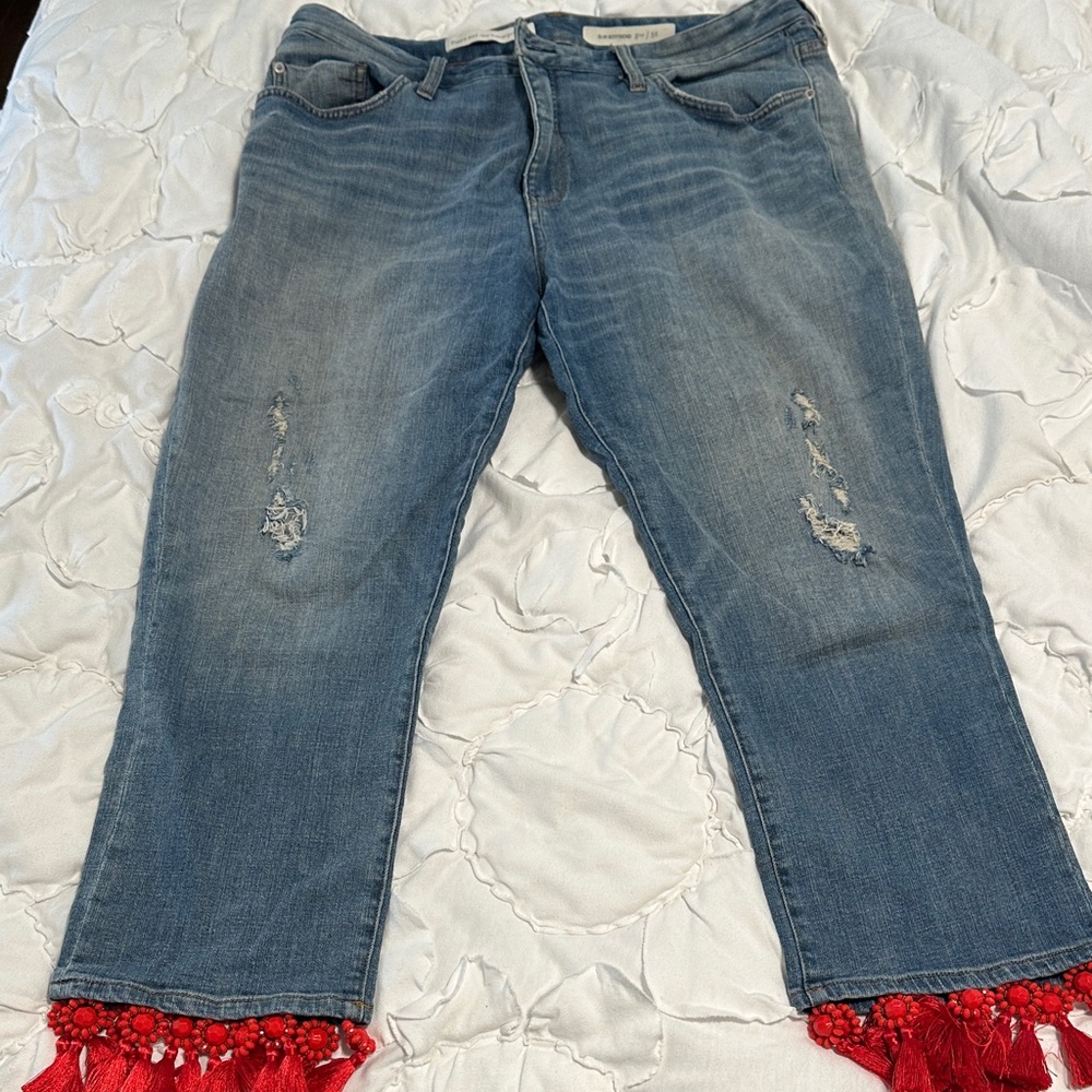 Pilcro Blue Jeans with Red Fringe